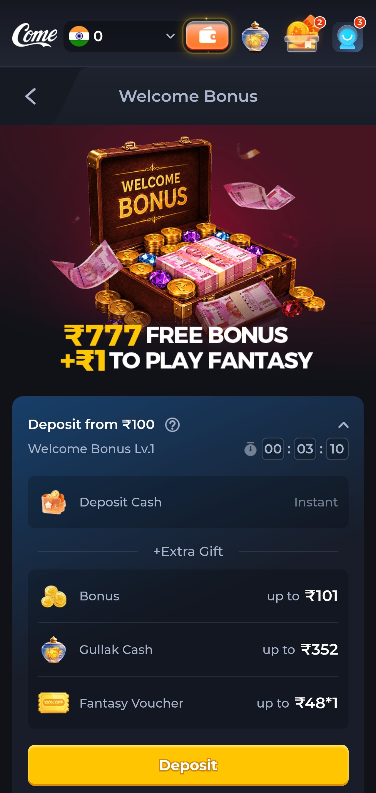 The ComeGame Welcome Bonus screen showing deposit bonus tiers in rupees